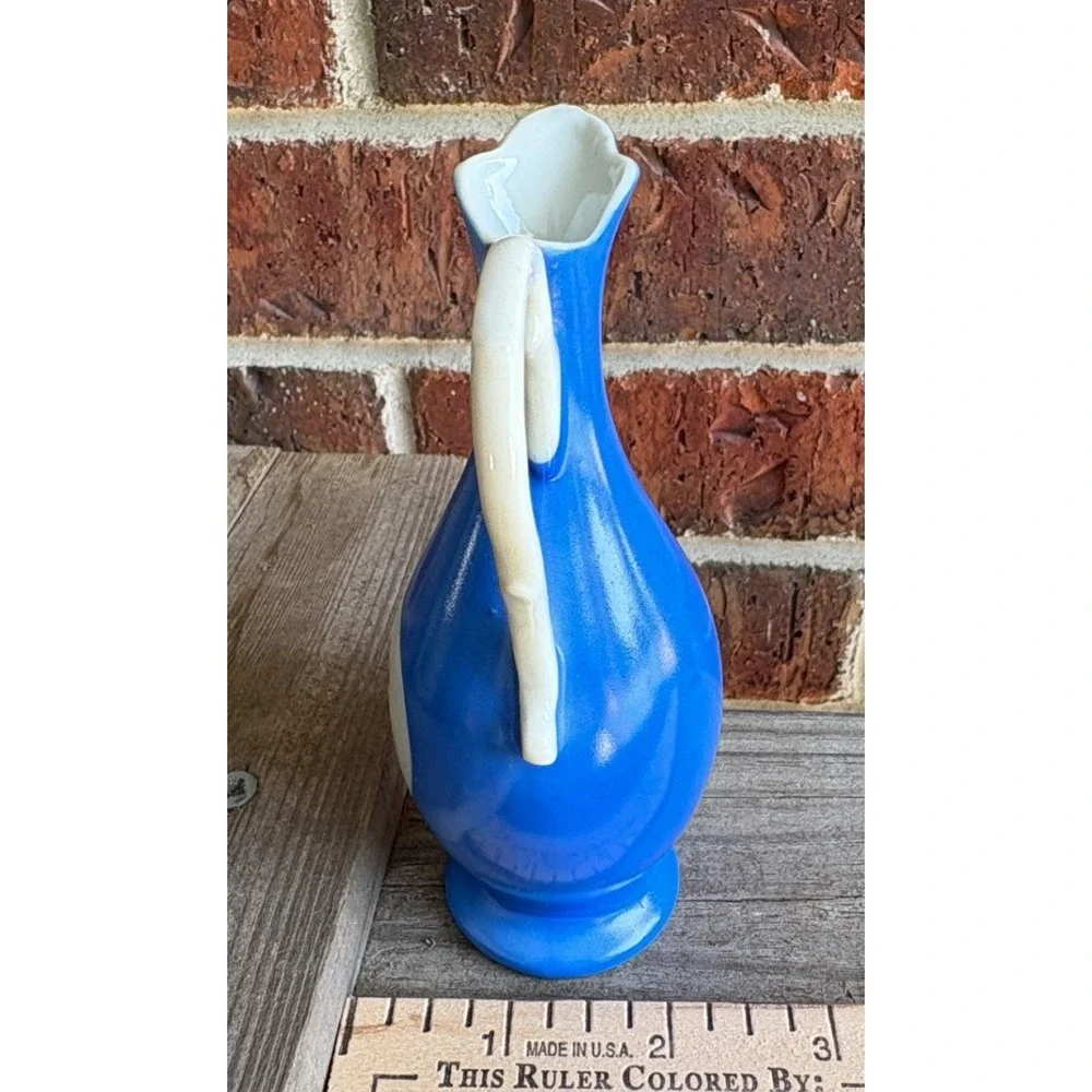Six Flags Over Texas Pitcher Mini Blue Souvenir Vase Vintage 5.5in Cobalt Retro